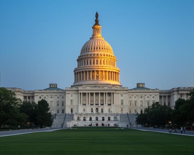 United States Capitol dome viewed across the National Mall beneath a clear evening sky