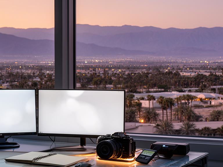 Coachella Valley newsroom desk overlooking a desert skyline at sunset